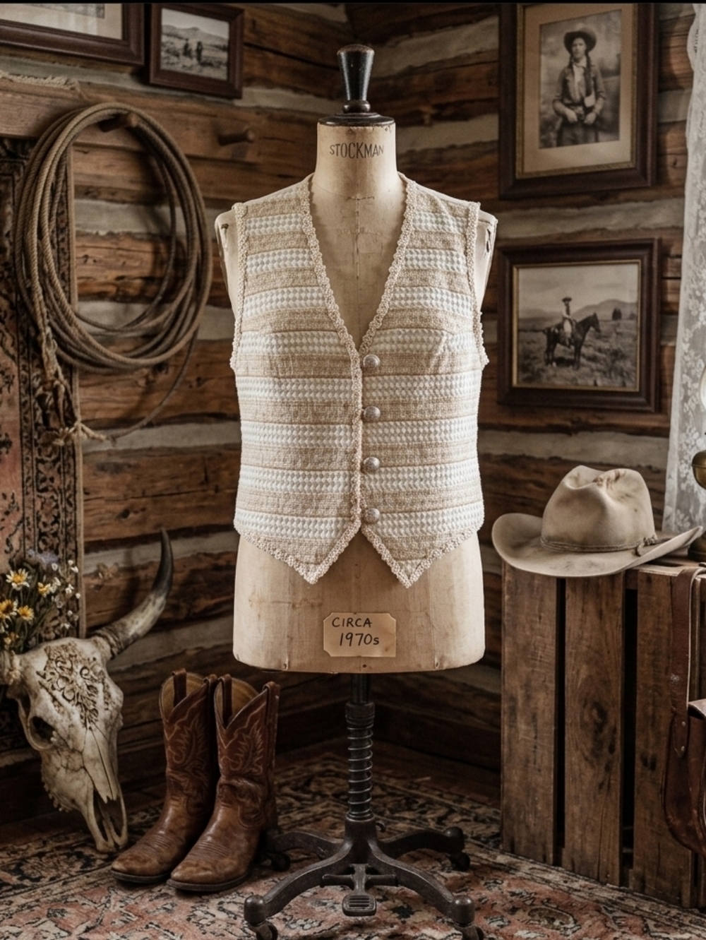 Vintage 90s Panhandle Slim Western Vest Cream Brocade Prairie Cowgirl Waistcoat